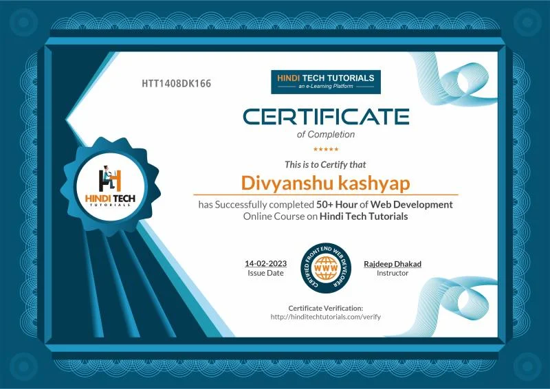 Certificate of Completion — 50+ Hour of Web Development — Hindi Tech Tutorials