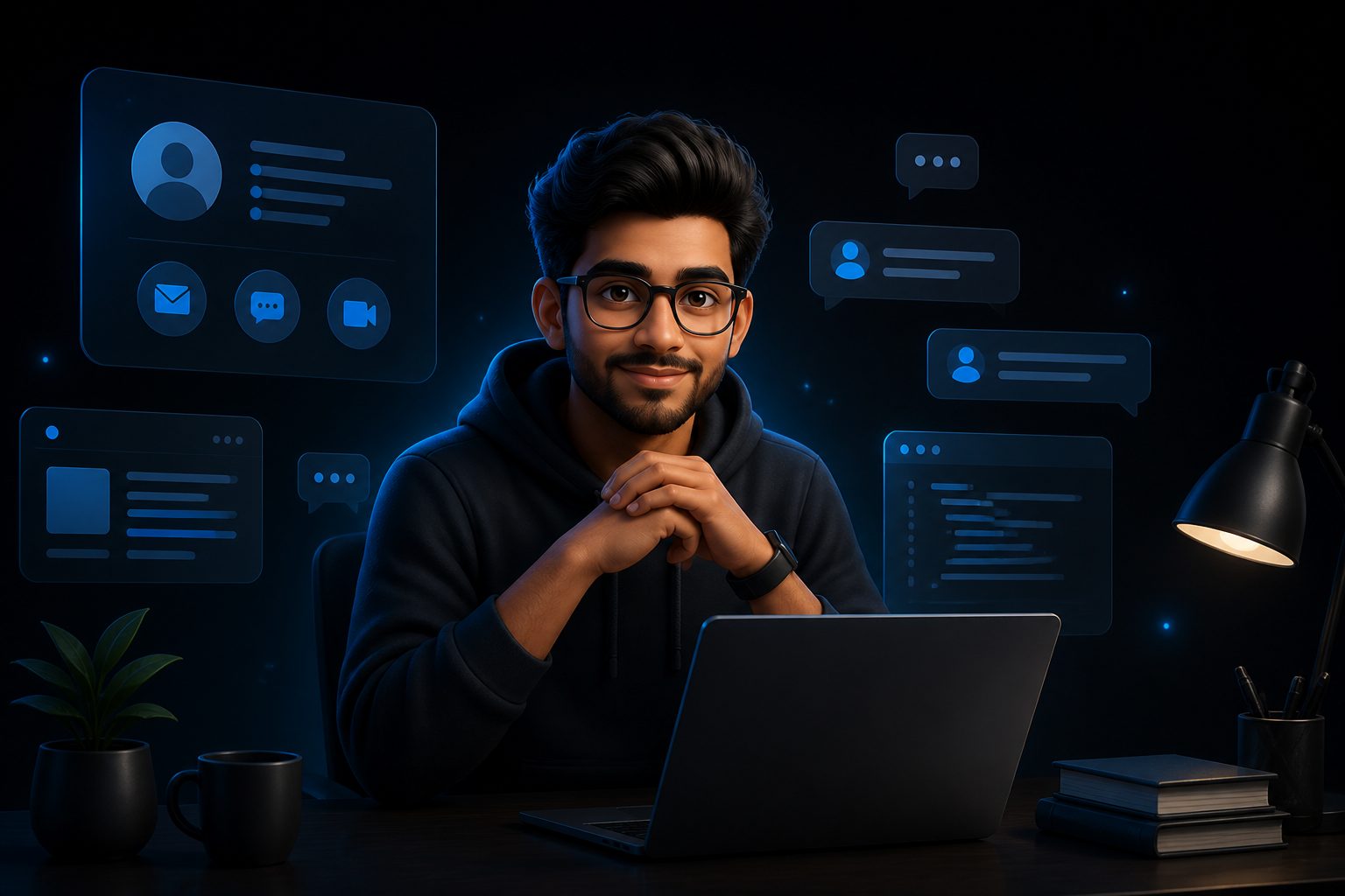 Stylized AI illustration of a frontend engineer collaborating over digital messages and UI panels